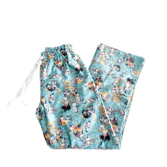 PJ Zzzz Womens Lounge Pajama Pants Flannel Drawstring Cats Kitten Blue XS - Picture 1 of 9